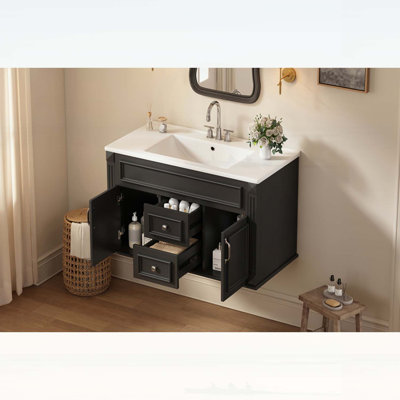 Meuble-lavabo mural 36 po avec lavabo et tiroirs en céramique, meuble-lavabo simple de style français avec charnières à fermeture douce
