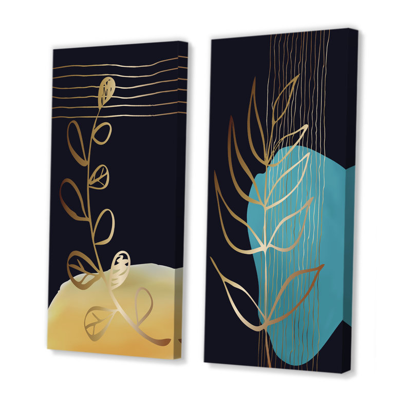«Botanical Golden Silhouettes on Black I», ensemble de 2 peintures, Toile tendue, H 20 po x l 24 po x P 1 po