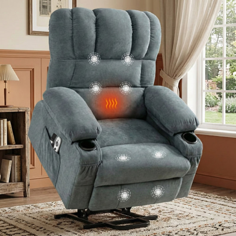 Soft Oversized Power Lift Recliner With Heat And Massage, Blue