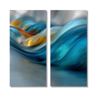 «Yellow Blue Wave Rhythmic River - Coastal Wall Art», reproduction sur toile jaune 2 pièces