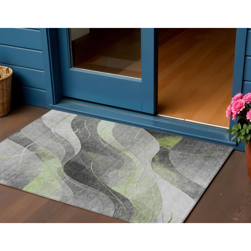 Tapis extérieur lavable abstrait 3 pi x 5 pi vert et gris artichaut