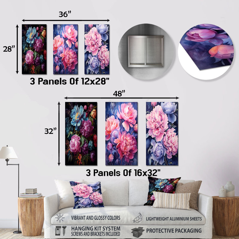 Radiant Garden Of Peony Treasures - Peonies Metal Wall Art Living Room Set Of 3, 32" H x 48" W