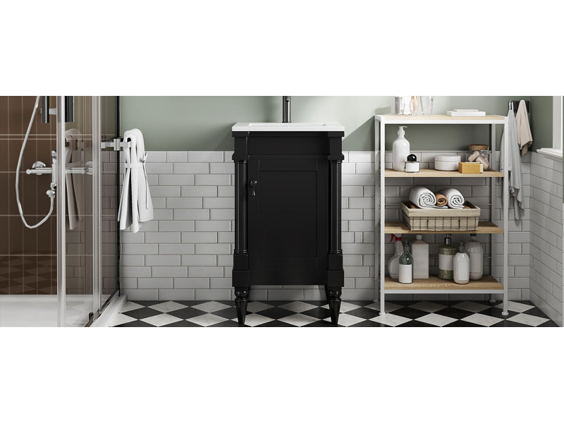  Vanity with Sink, Freestanding Bathroom Cabinet with Door and Shelf, Small Space Storage Unit, Noir