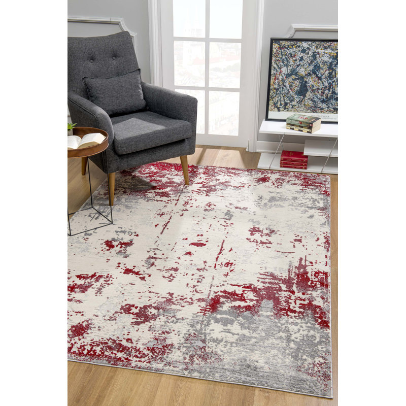 Tapis à motif abstrait rouge / gris 9 pi x 13 pi (9 pi 2 po x 12 pi 6 po) Sol Branch Branch Solenne, à poils moyens et résistant aux taches