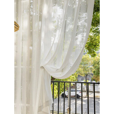 White Rod Pocket Sheer Curtains, Japanese‑Style Vertical Hollow Stripe Jacquard Voile, Light Filtering Semi‑Privacy Curtains for Living Room Bedroom (2 panels,39'' W*79'' L)