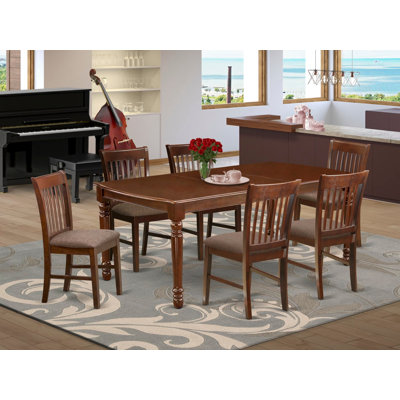7 Piece Dining Table Set Consist of a Rectangle Dinner Table with Butterfly Leaf and 6 Linen Fabric Dining Room Chairs, 42x78 Inch, Mahogany