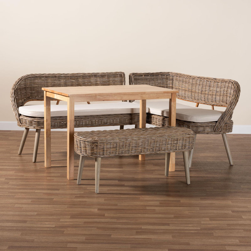Chamniss Modern Bohemian Gray Washed Seagrass and Rattan Bench and Wood Table 4-piece Dining Nook Set