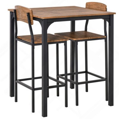 3 Piece Bar Table Set, Industrial Counter Height Dining Table Set, Bar Table & Chairs With Steel Legs & Footrests, Black