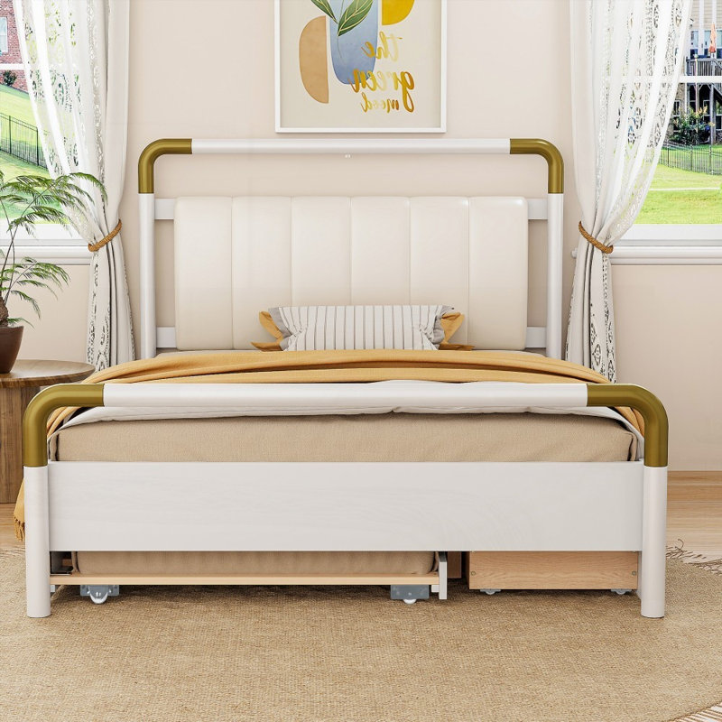 Grand lit plateforme avec rangement en bois avec gigogne et tiroirs, combinant élégance moderne et design pratique., Blanc
