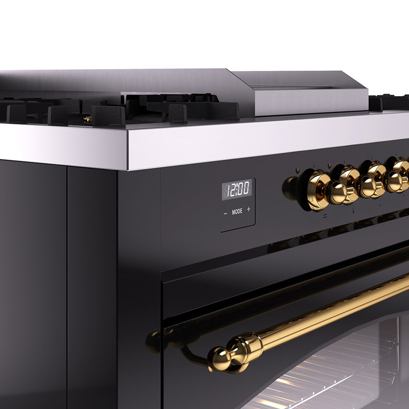 ILVE Nostalgie II 60 Dual Fuel Range, 5 Burners, Griddle, Frenchtop , Glossy Black/Brass, Natural Gas