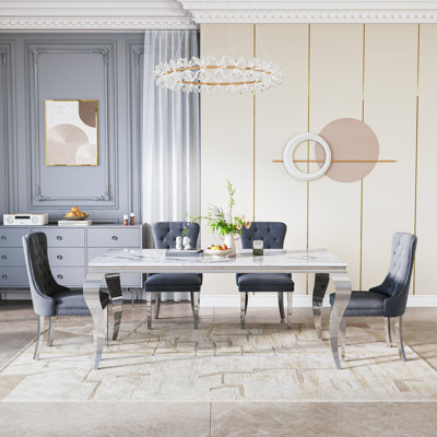 5-Piece Rectangular Marble Dining Set, Modern 50" Faux Marble Table With Velvet Tufted Nailhead Chairs