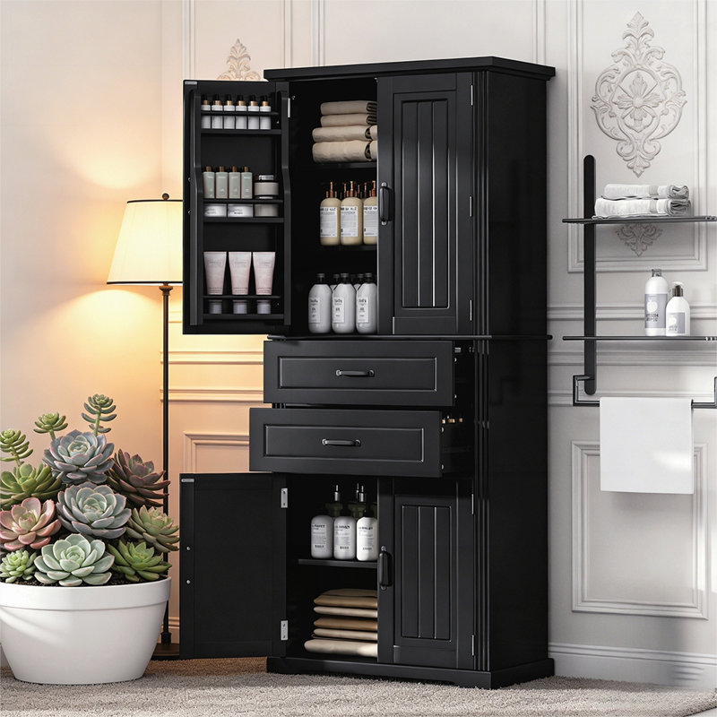 Elegant Storage Cabinet with Multi-Functional Space, Adjustable Shelves, and 2 Drawers for Versatile Organization, Black