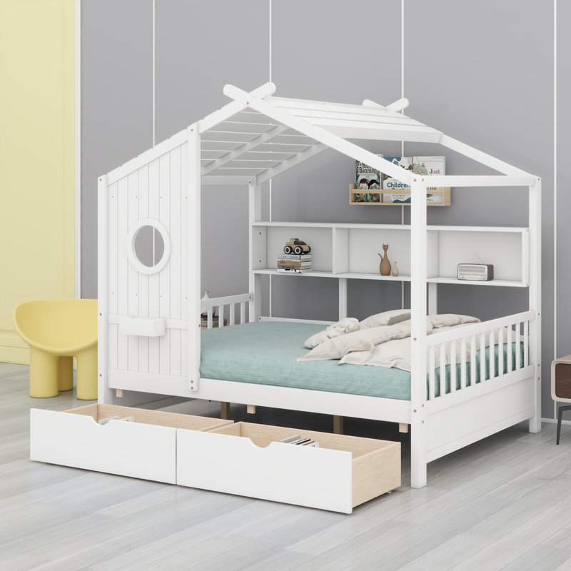 Lit maison en bois, Lit double, Blanc