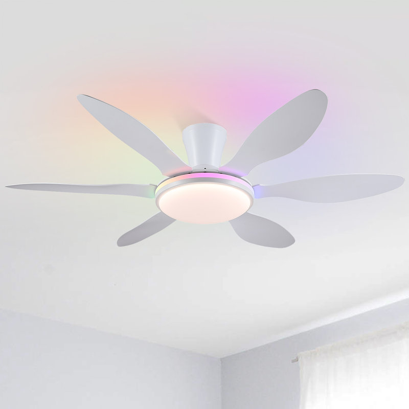 Cliffes 51" Flush Mount Ceiling Fan And Remote Control,Quiet DC Dimmable 6 Blades, White Wood