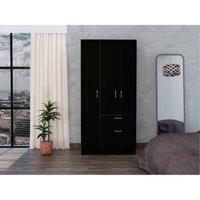 Armoire, un tiroir, tringle en métal, cinq tablettes, armoire à deux portes, noir / blanc