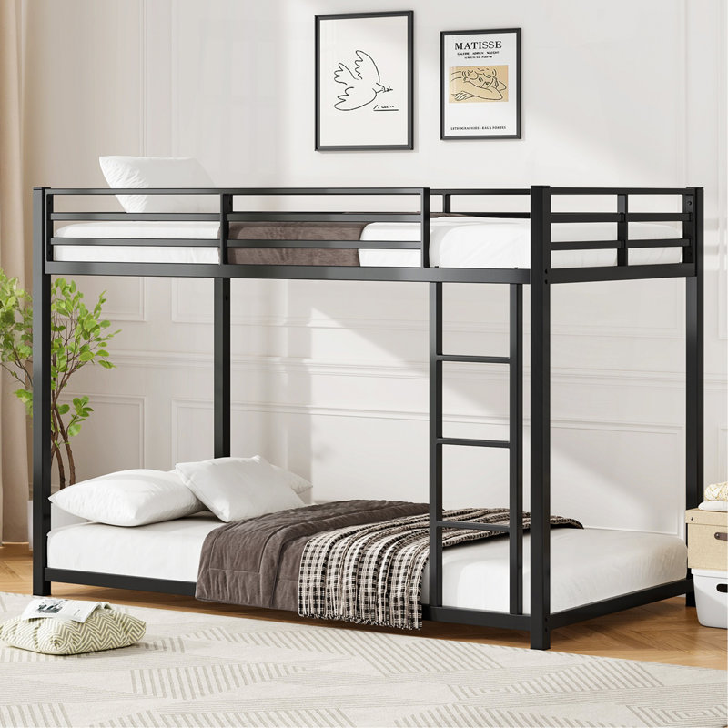 Twin Over Twin Metal Bunk Bed, Low Bunk Bed With Ladder, Bed Frame,Black, Sturdy Steel Construction, Safe Design, Easy Assembly, 250Lb Upper Bed Capacity, 350Lb Lower Bed Capacity