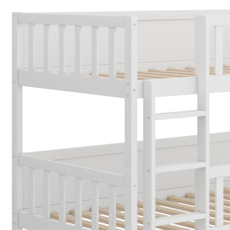 Twin Over Twin Over Twin Triple Bunk Bed (Solid Rubber Wood) – Ladders, Guardrails & Detachable Design, White