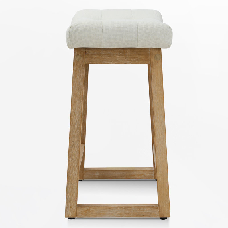 24.4'' Saddle Seat Counter Height Barstool With Solid Wood Frame, Ivory Linen/Wood
