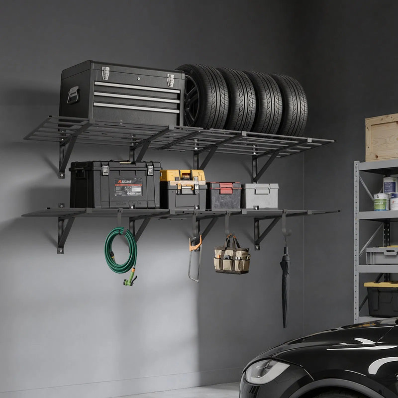 Étagère de garage noire à 2 niveaux fixée au mur, supports de rangement flottants en acier pour l'entrepôt d'atelier