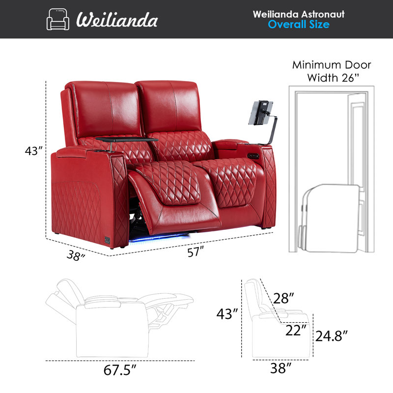 Haiylee Zero Gravity Home Theater Seating Top Grain Leather Recliner Sofa Power Headrest Footrest, Red Genuine Leather