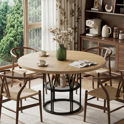 Table de salle à manger ronde pour 4-6, table de cuisine circulaire de 47 po avec tablette de rangement et structure en métal robuste, table de salle à manger moderne pour cuisine, salon, appartement, bureau, naturel