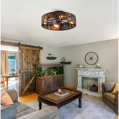 Antique Farmhouse Flush Mount Ceiling Fan with Light 6-Speed Reversible Caged Profile Retro Black