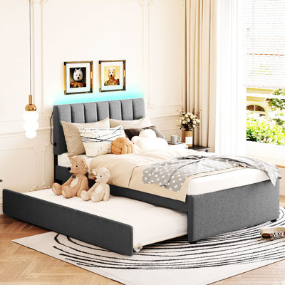 Upholstered Platform Bed With Trundle In Gray - Construction For Long-Term Use Twin, Versatile And Practical Option