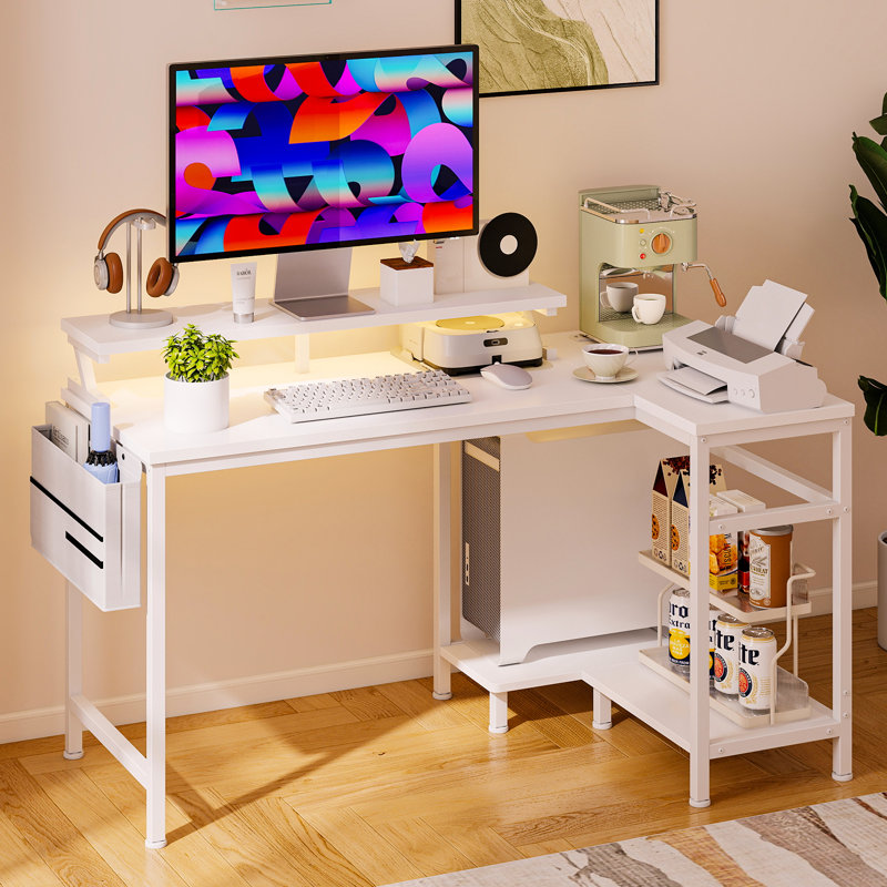 40IN L Shaped Desk with Shelf, LED Light & Power Outlet, Corner Computer Desk for Home Office, 30" H x 40" W x 31.5" D, White