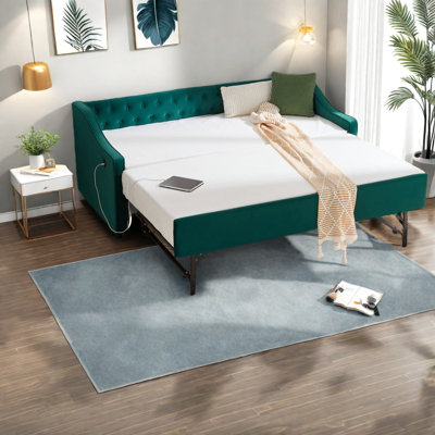 Twin Size Velvet Beds With Usb And Trundle, Modern Upholstered For Bedroom