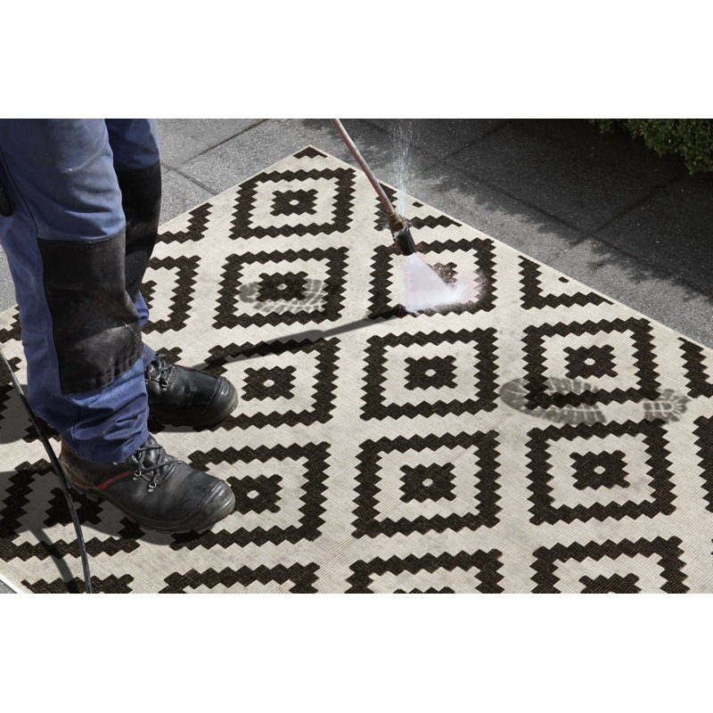 Malta - Indoor & outdoor rug, flat weave, living room, balcony, terrace, geo pattern - black cream, Rectangle 200 x 290cm