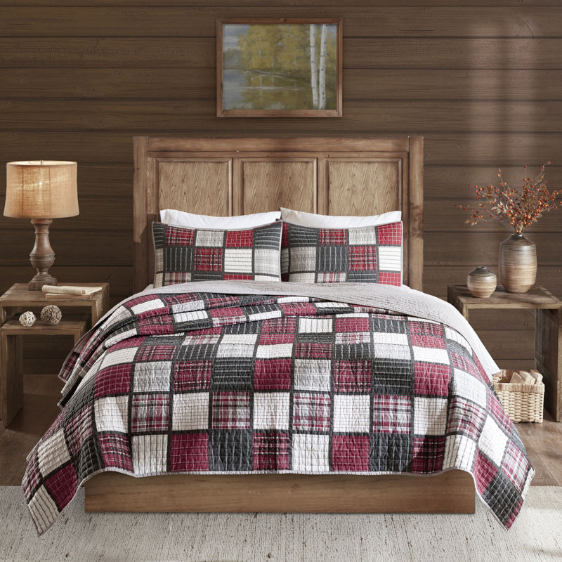 Red and Grey Cotton Plaid Reversible Full Quilt Set