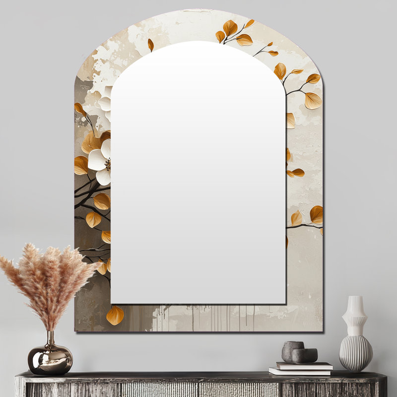 Cerisiers en fleurs or blanc blanc - miroir asymétrique fleur de cerisier, miroir mural unique arche blanche, impression d'art en métal