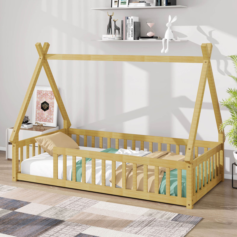 Lit simple pour enfants, lit en forme de tente, lit Montessori avec lattes et rails de clôture, structure de lit en bois