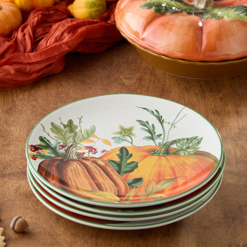 Assiettes à dîner en céramique 11 po Harvest Fields - Ensemble de 4 assiettes rustiques de style campagnard avec citrouille éclatante et motif botanique - Parfait pour les repas d'automne, les festins de l'Action de grâce et les rassemblements confor