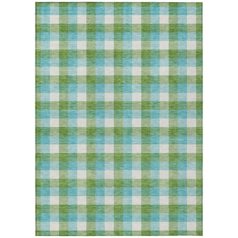 Lime and Blue Plaid Synthetic Washable Area Rug