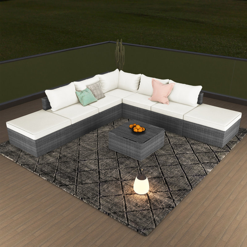 Ensemble de 8 meubles de patio d'extérieur, osier, Coussin beige / structure brune