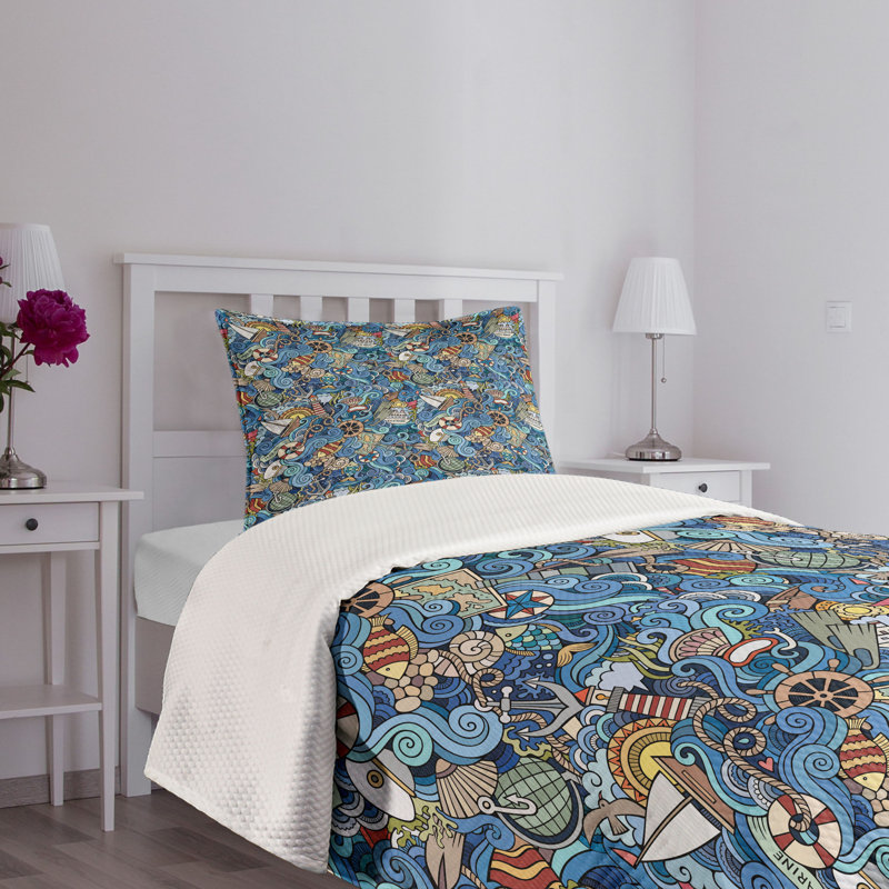 Twin White and Multicolor Quilted Bedspread Set