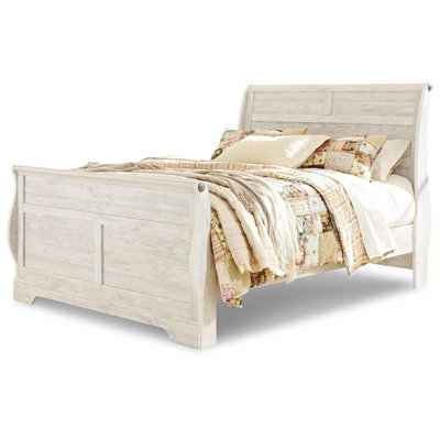 Grand lit-bateau Isla, faux planches, bois de campagne blanchi, bronze
