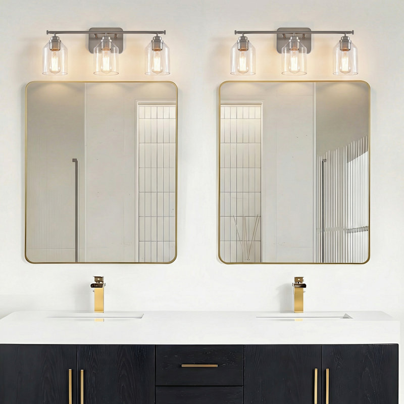 22" W Modern 3-Light Brushed Nickel Dimmable Bathroom Vanity Light With Seeded Glass Shade