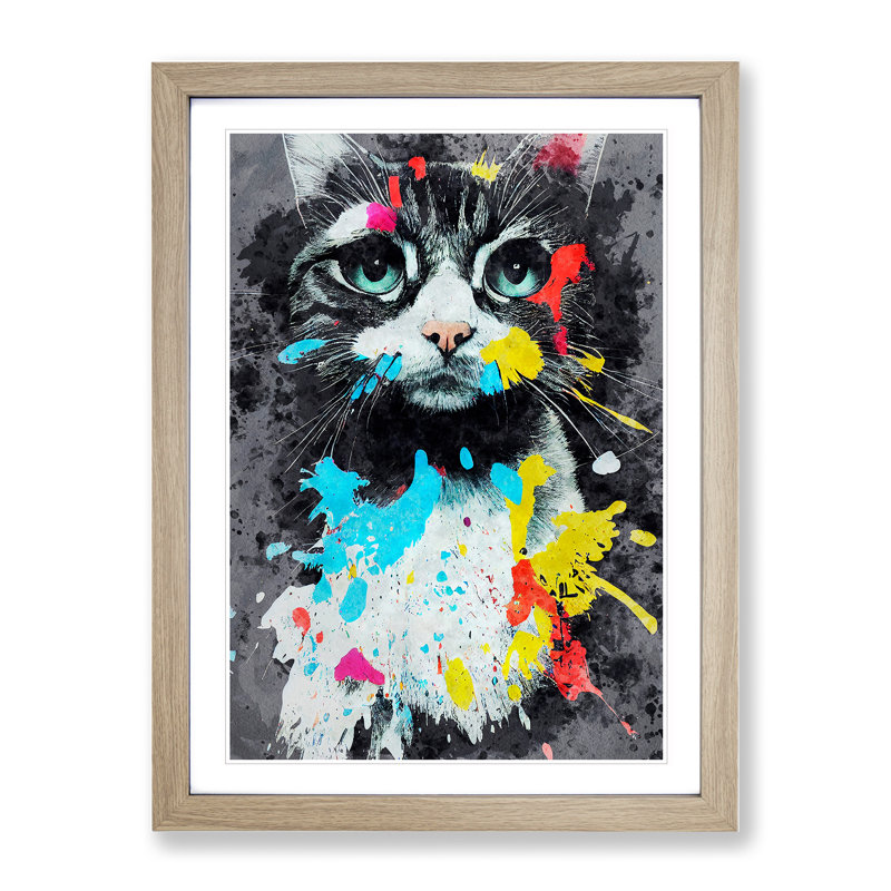 Catt Paint Splash No.4 - Wall Art, 66cm H x 48cm W x 2cm D, Oak Framed, White