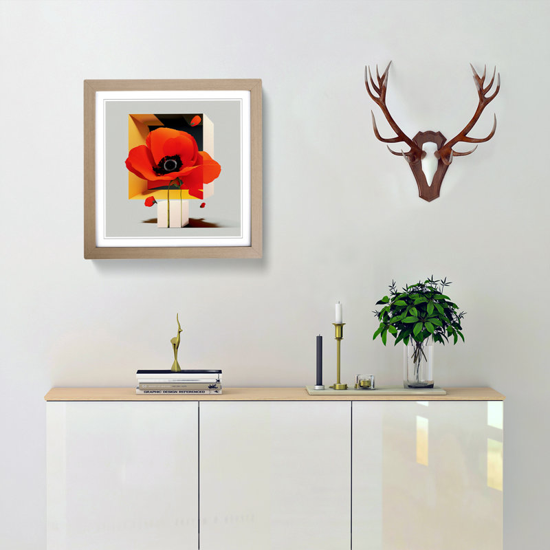 Poppy Flower Suprematism - Single Picture Frame Print on Wood, Oak