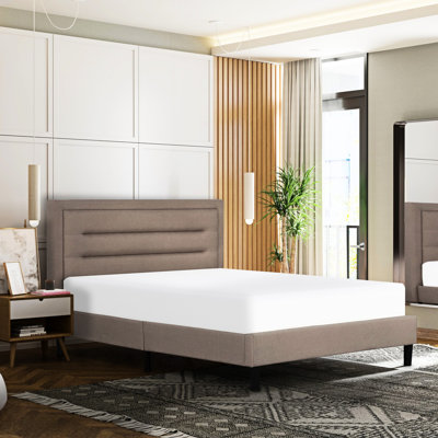 Contemporary Brown Full Size Upholstered Bed With Headboard, Horizontal Tufting, Plywood Frame And Slats, Legs, Quick Installation, Compact Shipping Platform Modern Channel Design, Solid Wood Slats