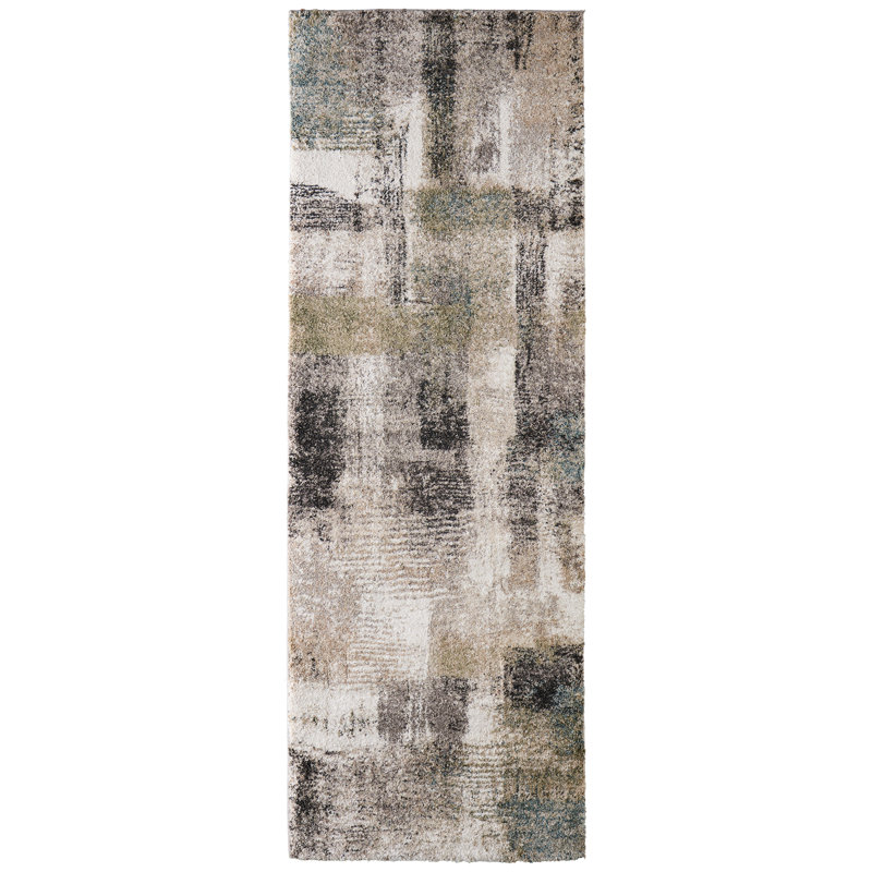 Templas moderne abstrait, gris / taupe / ivoire, Tapis de couloir 2 pi 6 po x 7 pi 3 po