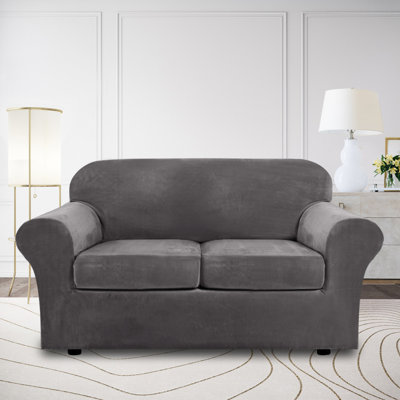 Soft Velvet Plush 3 Piece Stretch Loveseat Sofa Slipcover for 2 Cushion Couch Machine Washable