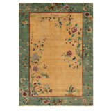 Rug & Kilim’S Chinese Style Art Deco Rug In Green And Beige-Gold Floral Pattern