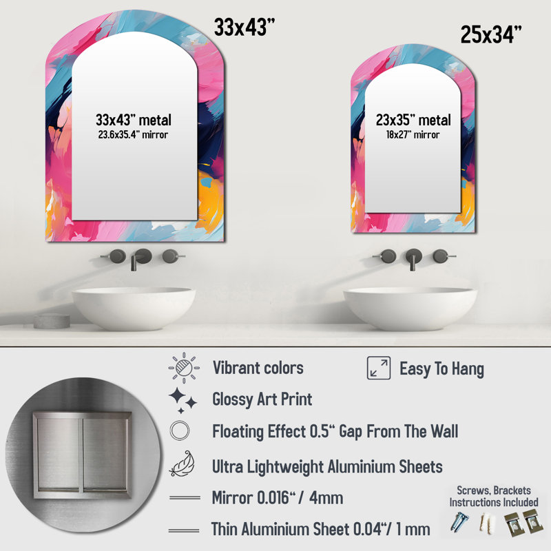 «Colorful Paint Swirl Bliss» - Miroir décoratif à arche abstraite sur métal, 34 po x 25 po