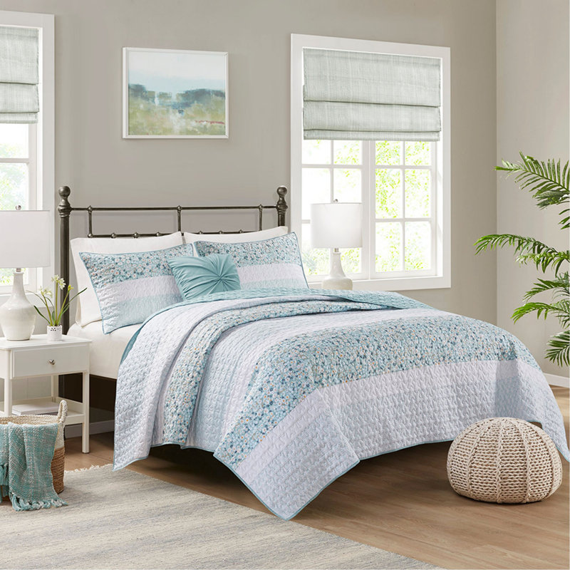 Ensemble de courtepointe double / grand 4 pièces avec coussin décoratif, Turquoise
