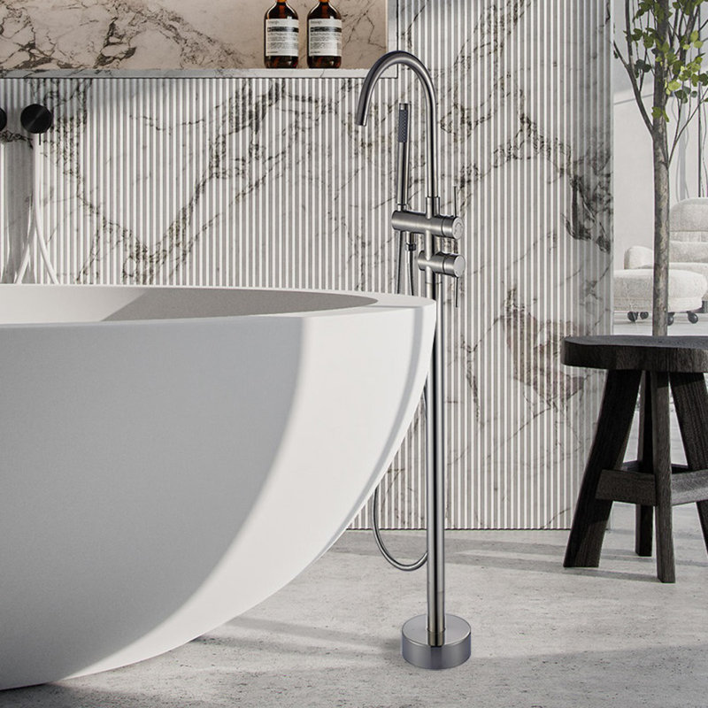 2 Handle Floor Clawfoot Tub Faucet with Diverter, Brushed Nickel