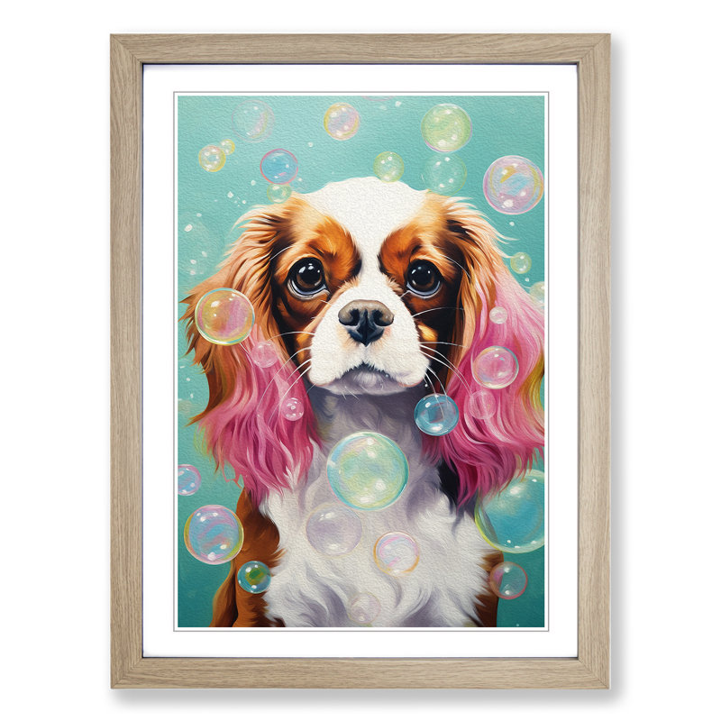 Cavalier King Charles Spaniel Bubble Gum Painting Framed Print, Oak, 46cm H x 34cm W x 2cm D