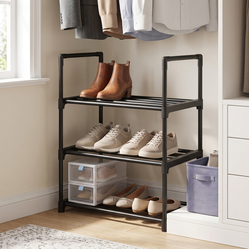 3-Tier Metal Shoe Storage Shelf, Stackable Shoe Organiser, For Entryway, Black, 21.7'' H x 16.7'' W x 11.8'' D, Black